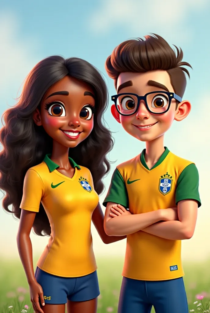 create a Disney cartoon effect image with two s, one with wavy hair and a blouse from Palmeiras, and the other with long hair, Smooth and mixed race, with a blouse from São Paulo and two boys, one with thin glasses, and Santos blouse, and the other with sl...