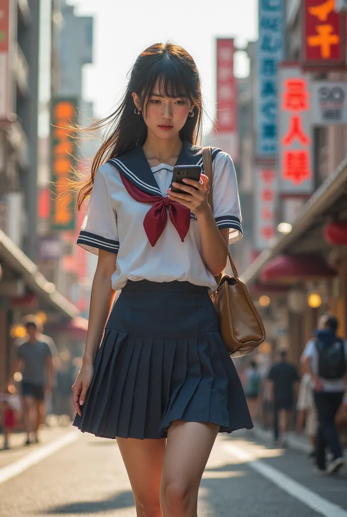  taking pictures for my new concept album. full body, Asian woman is walking down the street wearing a skirt and shirt, wearing Japanese School Uniform, Japanese School Uniform, Japanese high school student's uniform,  and a ,  cute high school girl , Seif...