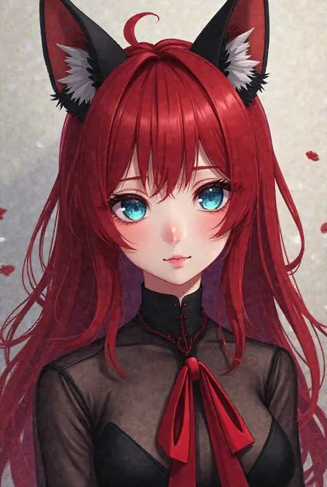 Anime pretty long red hair and blue eyes and black wolf ears and black and red blouse anime pretty anime girl 