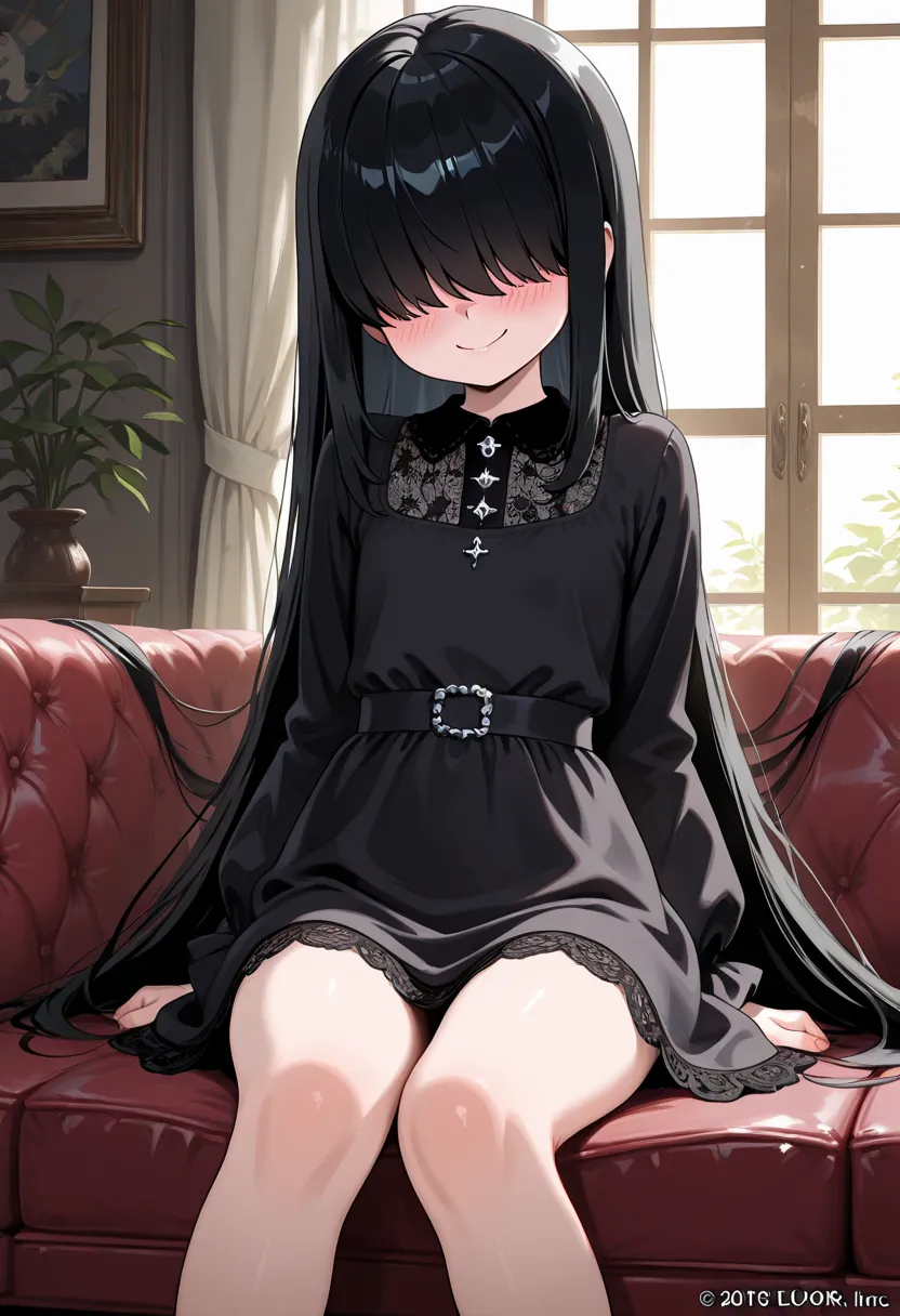 official art, masterpiece, best quality, absurdres, amazing quality,  4s0r4, smooth style, andilf ,HD, 4K, possmach, 1girl, solo, young, younger, flat chests, petite, lucy loud, black dress, long hair, very long hair, hair over eyes, black hair, goth fashi...