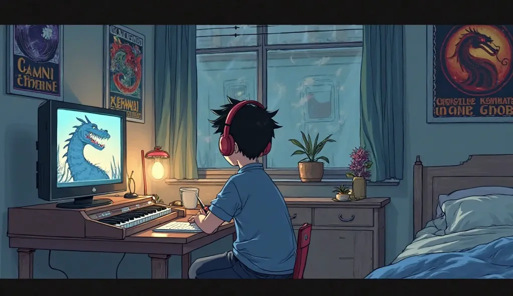 Create a lofi animation featuring a boy sitting at his desk. He has just finished playing a video game and looks frustrated. He then puts on his headphones and starts composing a song. While writing with one hand, he plays some keys on the piano next to hi...