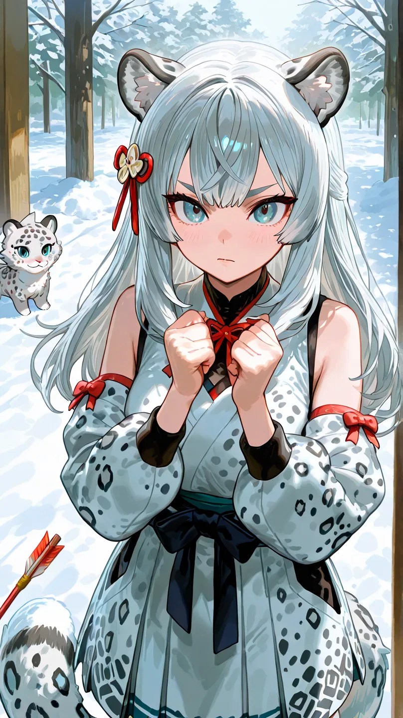  Japanese girls showing off their beautiful and delicate 、Snow leopard fur、One person、 girls on the left、 Silver Hair、hair ornaments close to the garden、long hair、half up、Fluffy Inside Ears、snow leopard ears、Snow leopard tail、Turquoise Eyes、 the universe i...