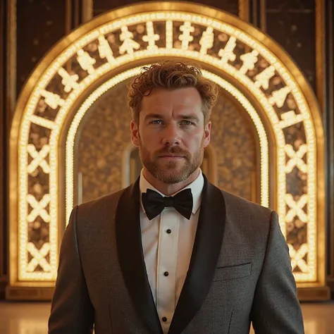 Luke Hemsworth 40 years old, curly hairstyle, Blondie hair,thin beard,fair skin,green eyes, defined rectangular jaw, 1.80m tall,wearing grey tuxedo at Entrance style arch for a modern, elegant and vintage casino in gold and white with the words MANCINNI CA...