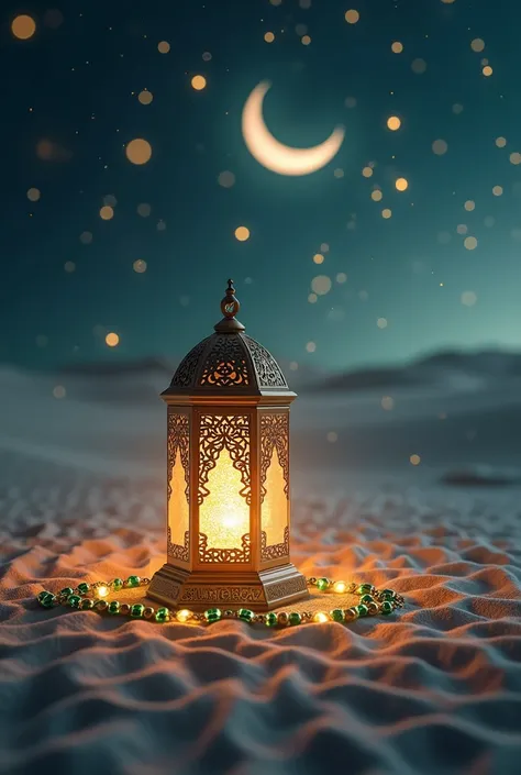 Ramadan lantern, night and moon in the sky,alot soft lighting, Islamic symbols, boiling sand, emerald rosary and Ramadan Kareem written in light write ramadan karem