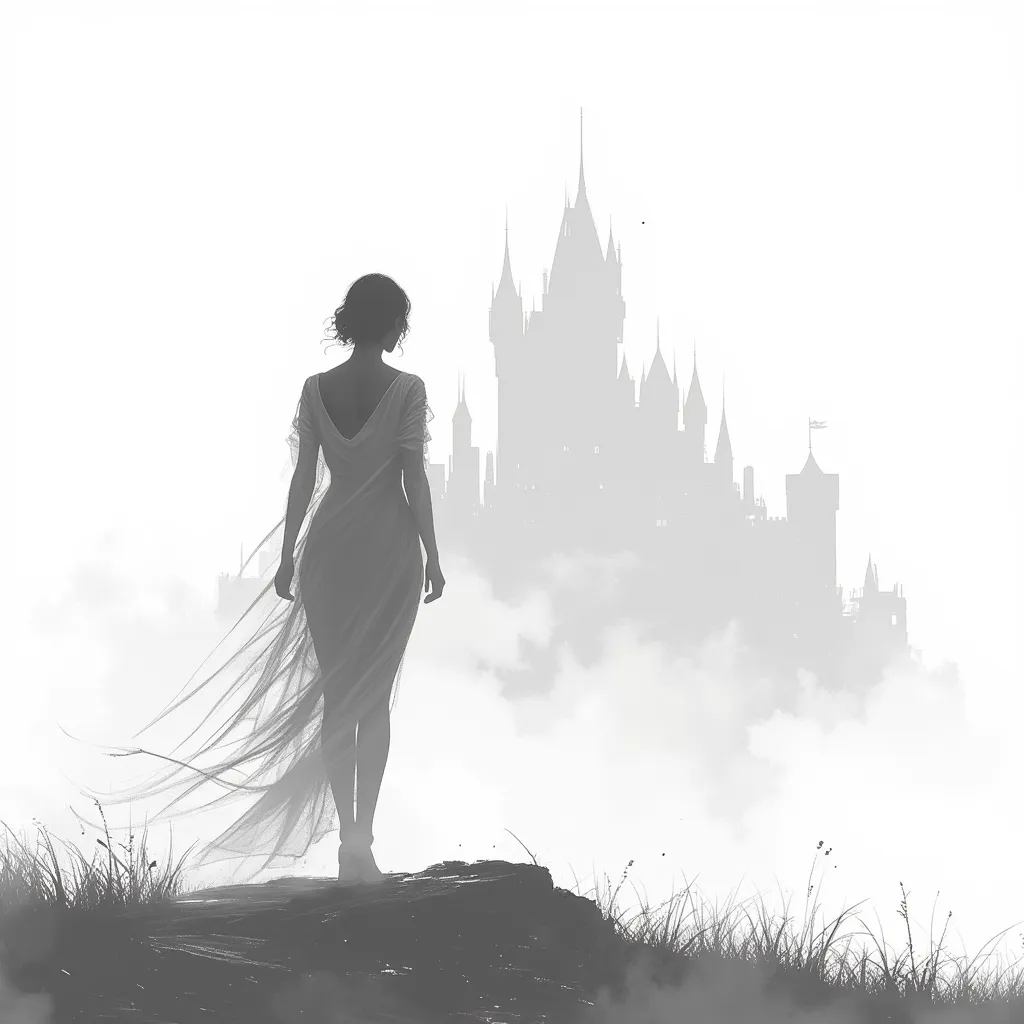 Silhouette of woman in white background with silhouette of haunting castle