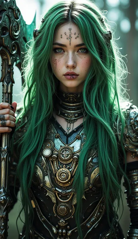 an imposing Norse Viking warrior woman A captivating woman with white skin speckled with precious stones, contrasting with her long green hair. Your black lips, fleshy and shiny , carry an ominous touch. Her eyes are cybernetic implants adorned with severa...