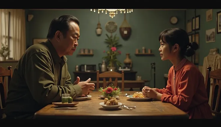 Mao's Plea to Sokha:

Prompt: "Mao sits hunched at the dinner table of his small house, talking to Sokha, who looks at him with worry in her eyes. Their son Pisei stand next the mother with the same worry in the eyes. dim lighting. "
Keywords: dim lighting...