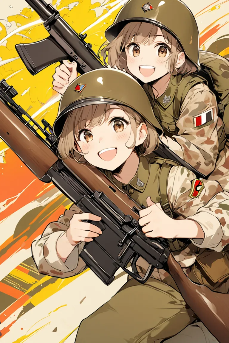 illustration of a high quality, abstract soldier girl、sepia flat color、Outdated picture、(Saturation:-1.5)、girl has brown unkempt short hair、brown eyes、wearing an old German military helmet、old German military uniform、military long pants、 brown long boots、(...