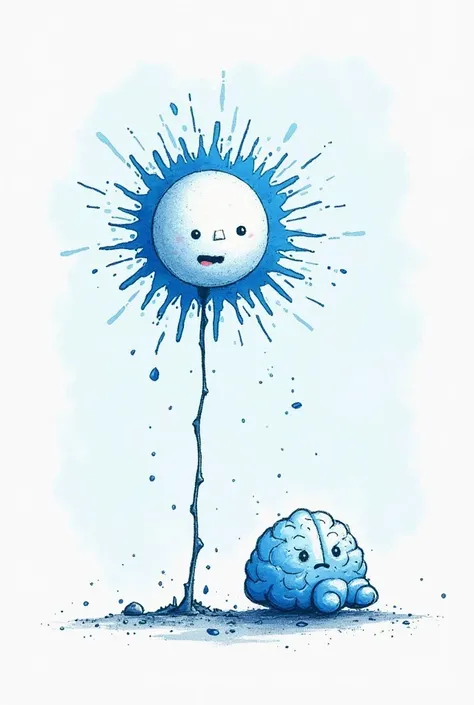 Drawing cartoon brain by blue random ink pen and some sad sun also drawing by random ink blue pen , looks like s drawing 