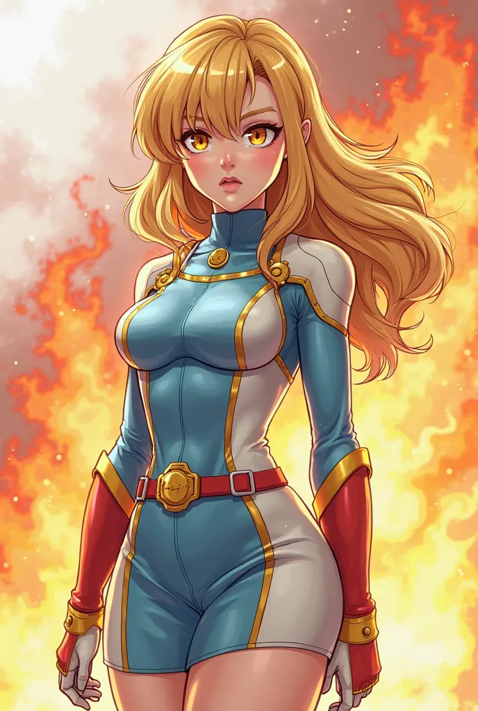 age woman with a serious look, blond hair, eyes orange color, hero costume with colors and fire style, colors like light blue, white and gold with a gold belt, and a short skirt, That the suit is snug to your body showing your curves. Anime style and based...