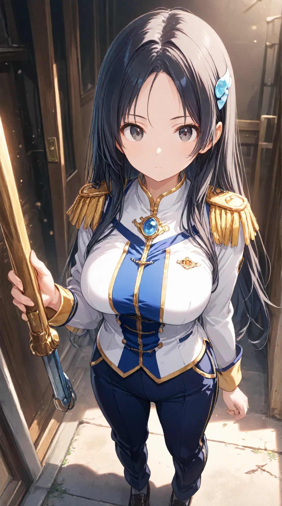 masterpiece,large breasts, long hair, (black hair1.5) , bangs, （1girl1.5）, 青リボン、Blue hairs ornament, 18 years old、breast focus、looking at viewer，full body，　
school band uniform, detailed jacket with epaulets, matching trousers, and instrument in hand、 Bell...