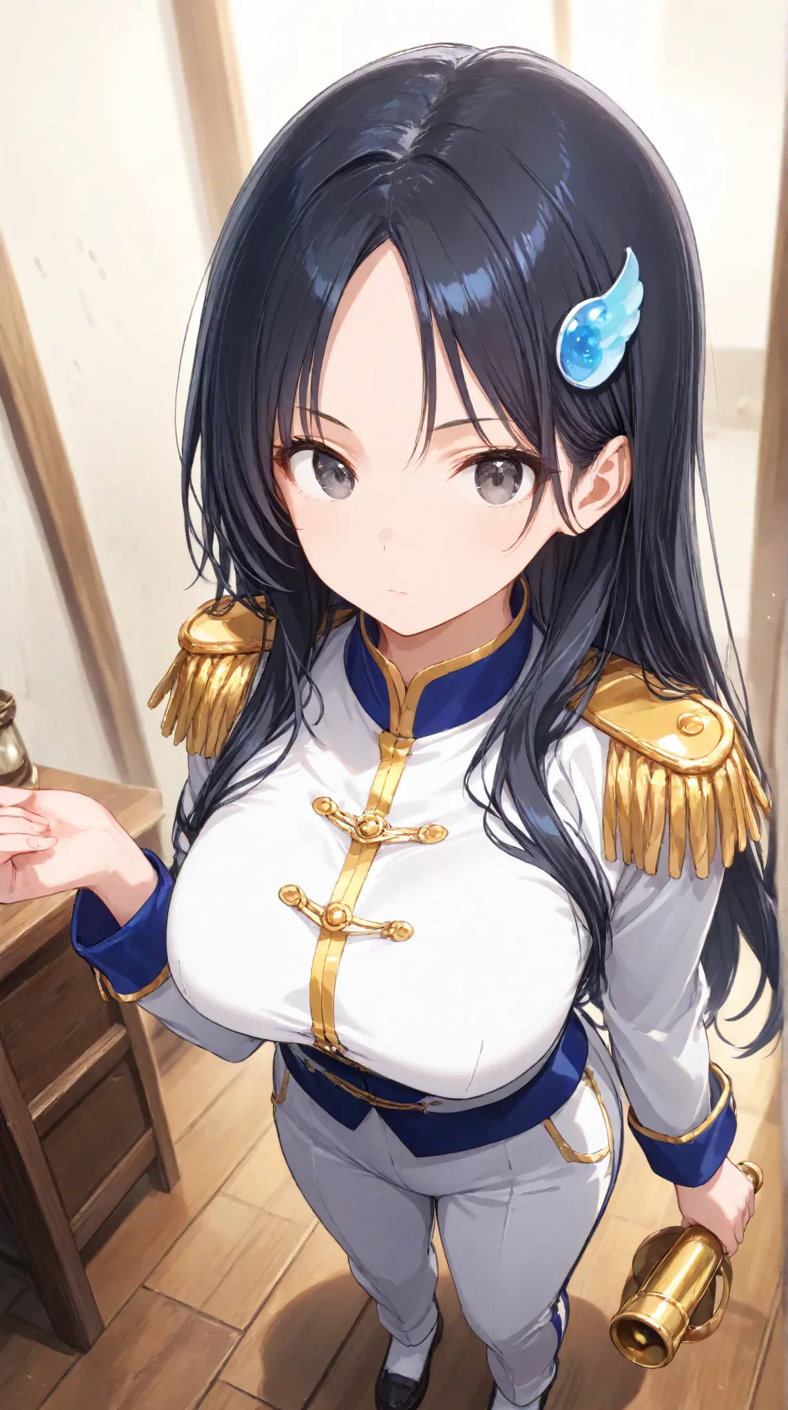 masterpiece,large breasts, long hair, (black hair1.5) , bangs, （1girl1.5）, 青リボン、Blue hairs ornament, 18 years old、breast focus、looking at viewer，full body，　
school band uniform, detailed jacket with epaulets, matching trousers, and instrument in hand、 Bell...