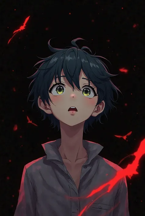 Create an emo boy looking up with red lighting, with a semi-realistic anime style and black background, that has the following colors : white, negro, red, yellow and dark blue 