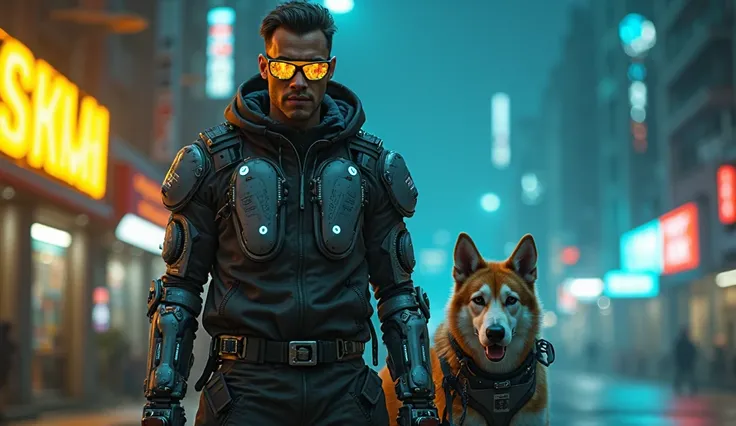 A man with robotic parts wearing cyberpunk style glasses accompanied by his dog also in cyber punk style in a nighttime environment with yellow and neon blue lights in 8k HD quality