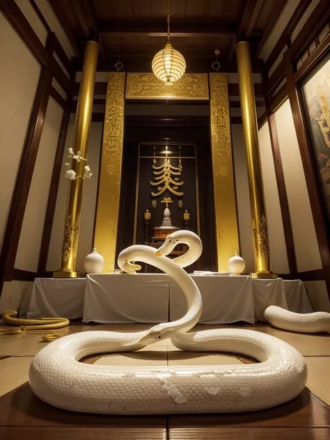 Picture of rising luck with money 、The back room of the shrine 、 the god relaxing々The god of white snakes、There is a big white snake floating、Luminous Altar、A snake with golden scales