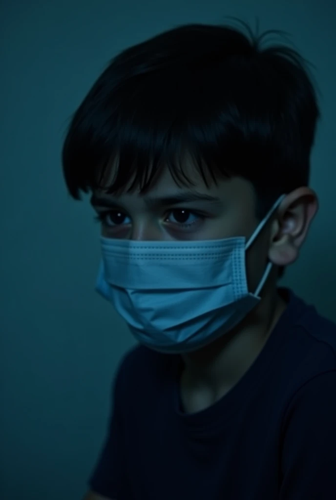 
"A young boy wearing a face mask, sitting alone in a dimly lit space. His eyes are filled with sadness, reflecting deep emotions. The background is blurred, giving a feeling of isolation and loneliness. The lighting is soft and moody, with a cool color pa...