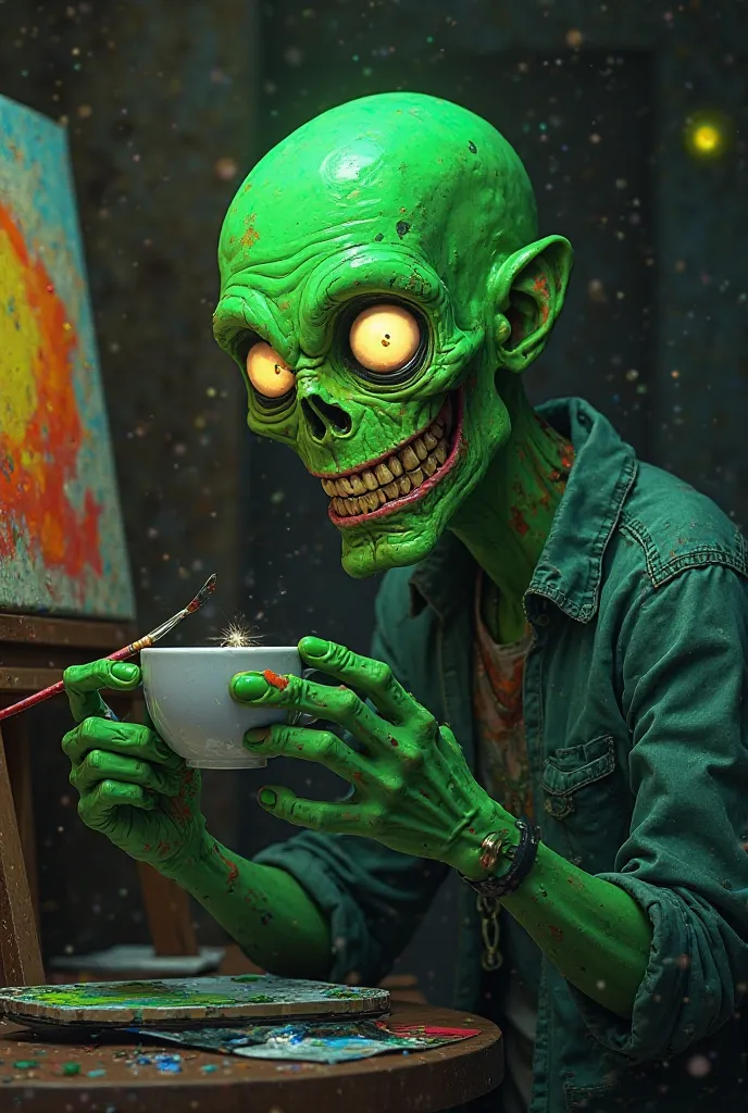 Fluorescent green zombie with no hair on his head and with a smile sitting painting and with a cup of coffee in his hand 