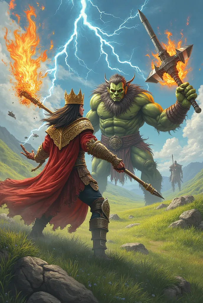 A royal human with electric powers and a flaming staff light fantasy retro in a grassland fighting two giant orcs with battle axes enchanted with fire