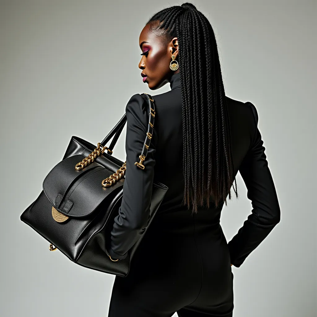 Ultra-detailed high-fashion studio campaign for a luxury handbag brand, featuring a Black woman with sleek braids, wearing the dramatic avant-garde structure. The bag looks like an art object suspended in the air, with textured details, premium leather and...