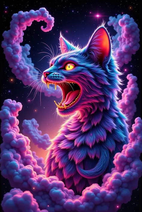  A cosmic, neon-lit Cheshire cat with an open, void-like mouth, its body composed of layered, swirling clouds of gas and dust, evoking the dreamlike quality of Salvador Dali's surrealist landscapes, the vibrant pink and black hues reminiscent of Syd Mead's...