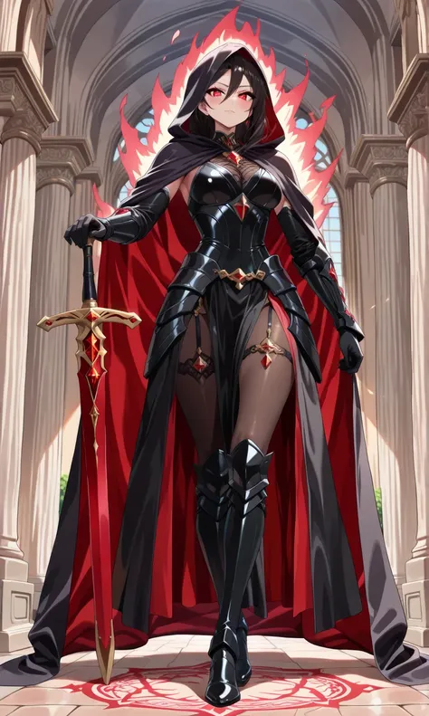 (((masterpiece, best quality, high detailed, 16k))) (1girl) A  and slender assassin with a mysterious aura, concealed under a dark hood. Her sharp, almond-shaped eyes peer out from under the hood, glinting with cunning and precision. She wears sleek high-t...