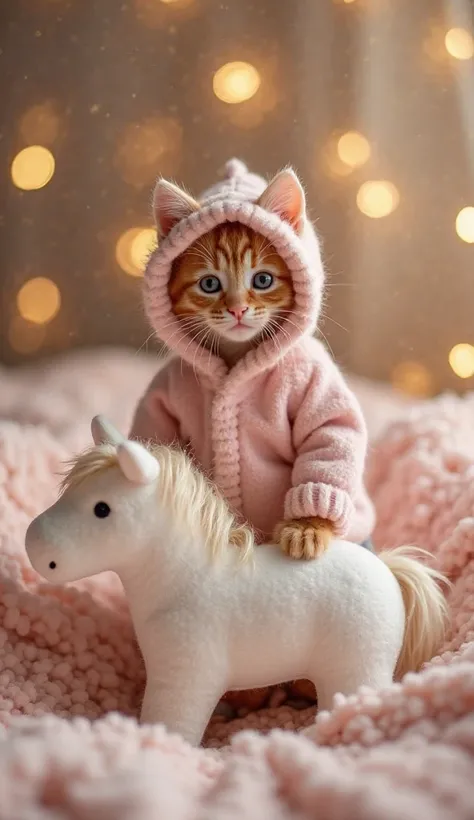 Make a front orange kitten with light pink wool cow's clothing,  The kitten is on top of a large white and light pink toy horse, The cat is centered, With fireflies shining behind cozy, very cute,  blanket in a very cozy environment 