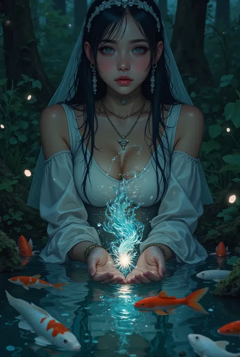 (highly detailed, realistic photo, realistic skin texture), 8K, A dark night, a mysterious forest pond, a young woman who enters the pond and opens the water with her hands, a white dress, a mysterious light in the water in her hands, Close-up of her front...