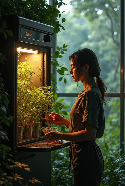 A person cultivating organs in a minibar in a high-end permaculture cabin in the middle of the Amazon jungle