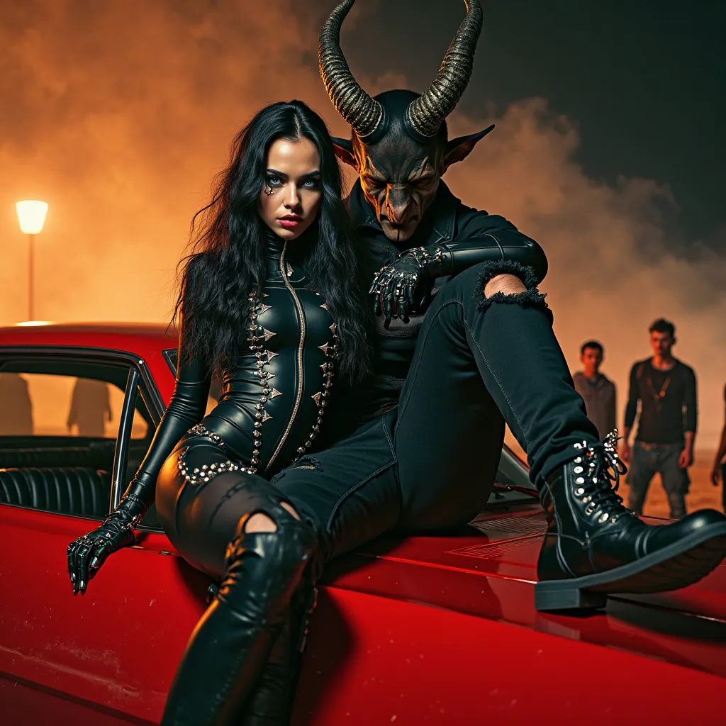 Skinny white young woman,  long undulated black hair , blue eyes , black circles with diamonds, dressed in black leather with silver thorns , long black boot with silver thorns , posing as a dynamic professional model,  with a black man with a strong goat'...