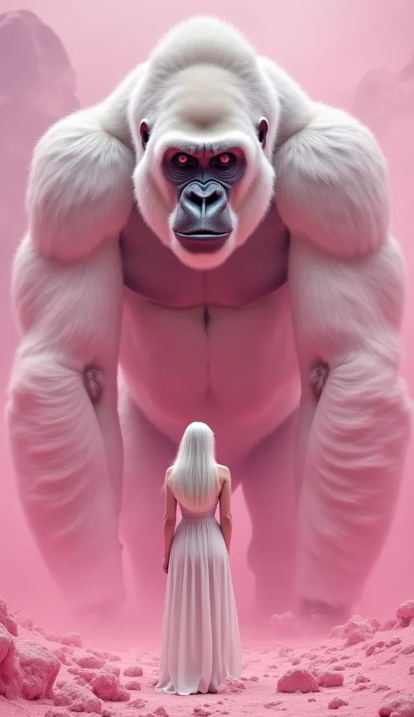 A beautiful woman with white hair is standing in front of the face and body of a giant gorilla、Gorillas are pure white, have white wings, and huge bodies and huge faces、Wrapped in pink fire、The ground is burning pink、4K、 real 、The sense of size is 0 for pe...