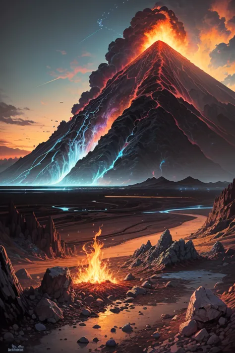 Masterpiece, Volcanoes, Fire, aura. Blue sky and rocks in the distance. Adventure landscape . Maximum quality,  Detailed.