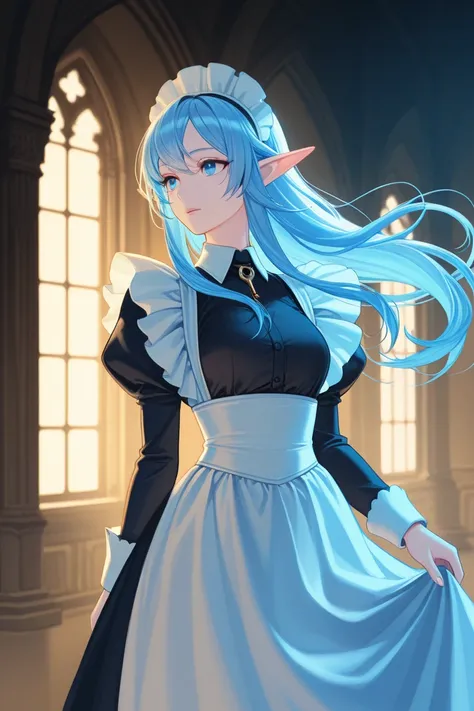 anime screencap, masterpiece, best quality, amazing quality, very aesthetic, newest, 1woman, elf, solo, silvery blue hair, long hair, blue eyes, maid, tall, highres