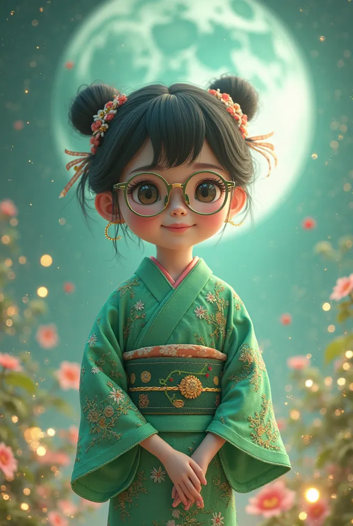 3D Images。Clothes are gorgeous green kimonos。hairstyle is a shortcut、glasses。chubby cute little  girl。 moonlight 。 glitter。