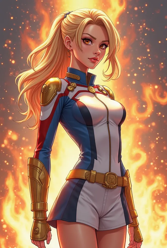 age woman with a serious look, blond hair, eyes orange color, hero costume with colors and fire style, colors like light blue, white , gold and red with a gold belt, and a short skirt, That the suit is snug to your body showing your curves. Anime style and...