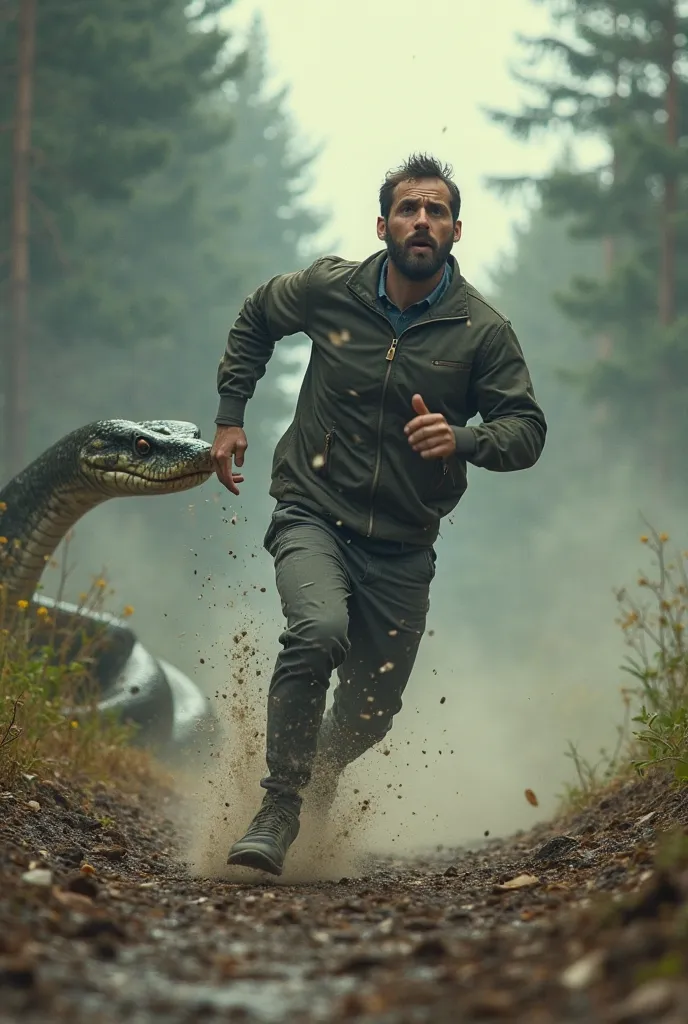 ( Ultra detailed), Are there still giant snakes running fast, chasing a man who is running, scared man, blurry speed, Smoke filled, movie rock splash , wide-angle lens, motion blur, Film Lighting, sony camera, contrast,  Edge lighting,  Ray Tracing ,  film...