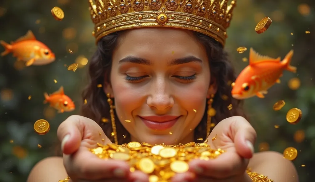 a full HD high definition, detailed image, the beautiful and majestic queen of wealth and gold a large crown on her head, a mystical and feminine and joyful atmosphere, in her hands fall gold coins, a golden fish