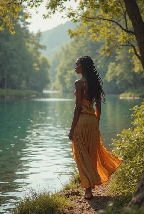 Une jeune fille noire marchant près d’une rivière 