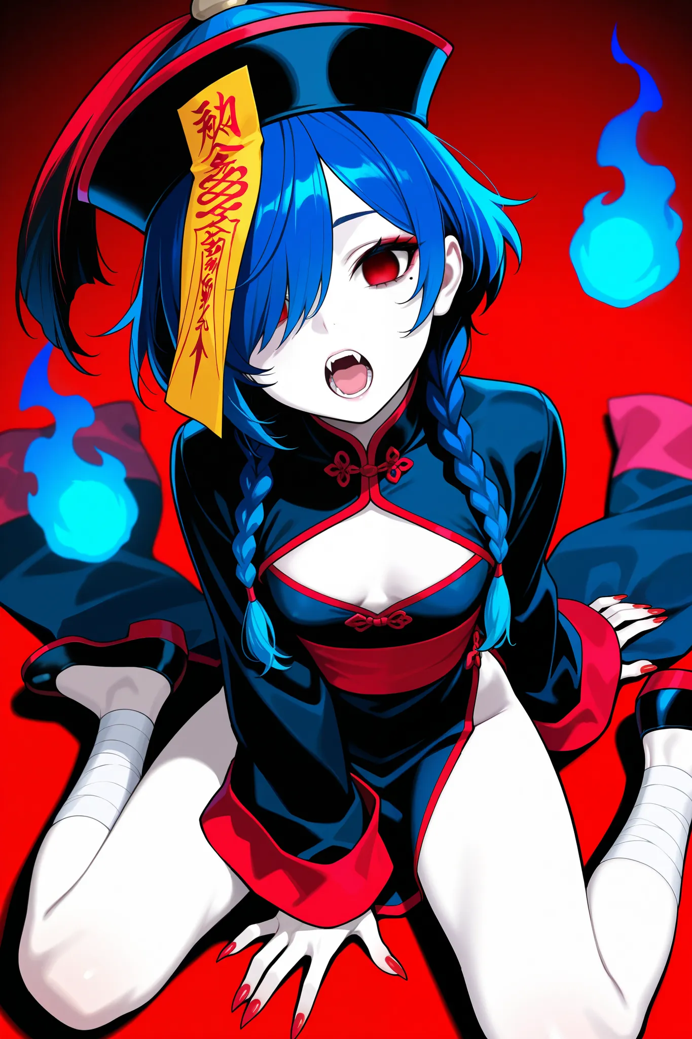 masterpiece, best quality, amazing quality, very aesthetic, newest, hyper-detailed, (chiaroscuro:1.2), 1girl, solo, blue hair, long hair, spiked sideswept bangs, hair over eye, low pigtail braids, small breasts, pale skin, red eyes, empty eyes, fangs, mout...