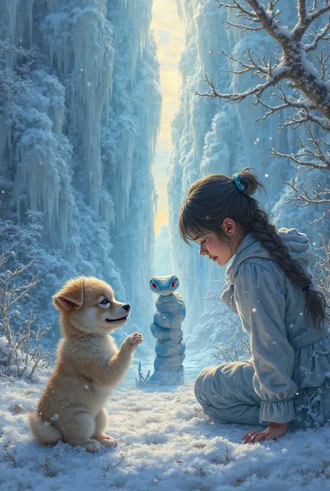 hyperrealistic. A SMALL PUPPY with fluffy fur from the Vira-Lata breed is in the snow,  wearing a bandage over one of her eyes . The right front of the puppy , a small blue snake , Are you staring intently at the puppy?, It has its body raised and with its...