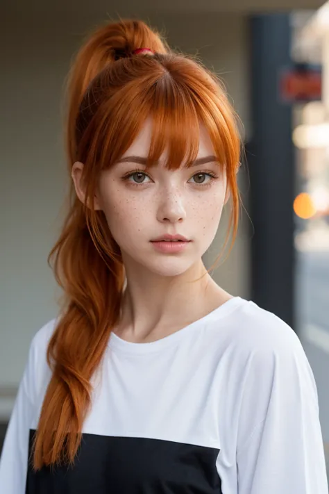  A Caucasian woman, with orange hair, which is informally attached, making a ponytail, bangs and leaving two separate locks of hair in the front, His eyes are hazel in color, Her nose is small and thin , has freckles that cover the middle area of his face,...