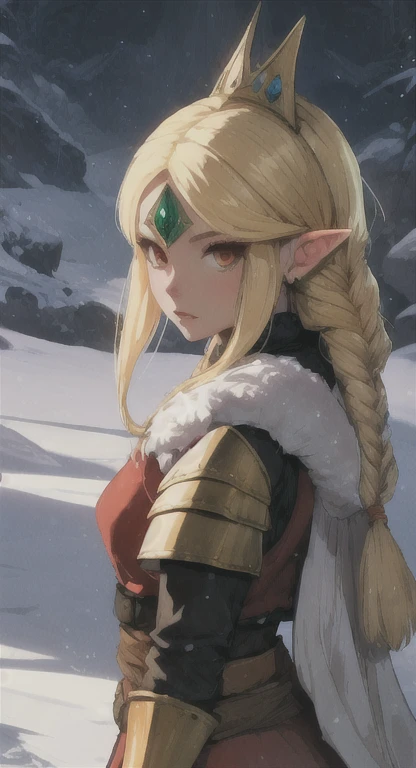 Dinosaur era, Prehistoric Hylian, Devine princess, Hylia, blonde, red eyes, bandit braids, looking at viewer, long messy hair, prehistoric Hyrule, lore accurate prehistoric fur armor, winter,