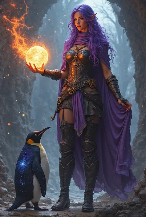  1woman, elf, leather armor, purple cape, brown skin, purple hair, fireball in hand, penguin covered in stars 