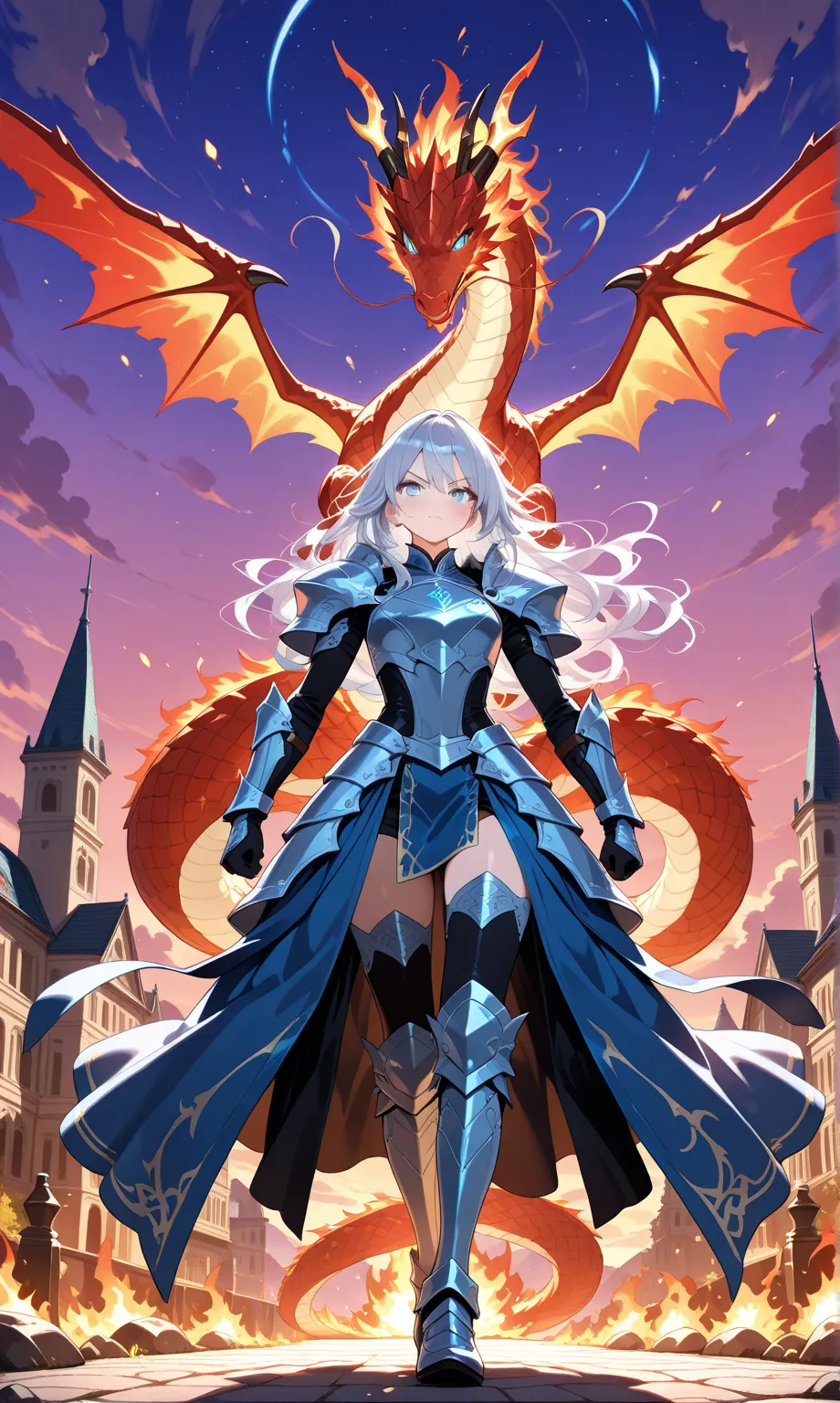 (masterpiece), (best quality), (high uqality), (8k), girl, (full-body), dragon armor, intricate details, red glow, short shilver hair, back messy hair, detailed hair strands, light blue eyes, dominance expression, walking in lesser caotic place as she rule...