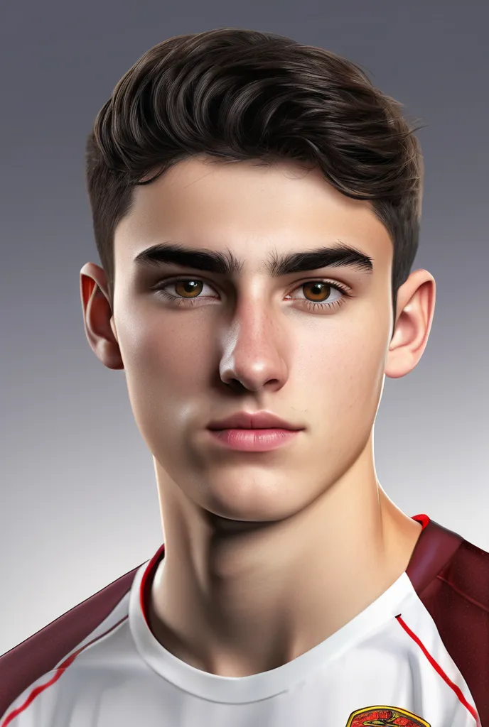 Portrait of a normal 17-year-old male ager with short black hair, white skin and brown eyes, has a large Greek nose, oval face with an athletic physique, he is a professional soccer player from Montenegro. 