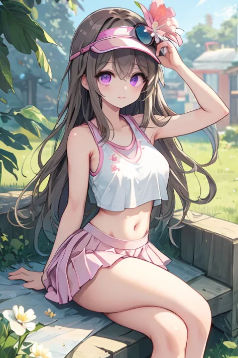  an anime girl,  Pink Eyes, Long brown hair,  pink sportswear, pleated pink skirt, pink sports skirt, fitted pink crop top, pink sleeveless tight compression top, ((white tennis shoes)), white casual sneakers, ((big white flower on the head)), white cap wi...