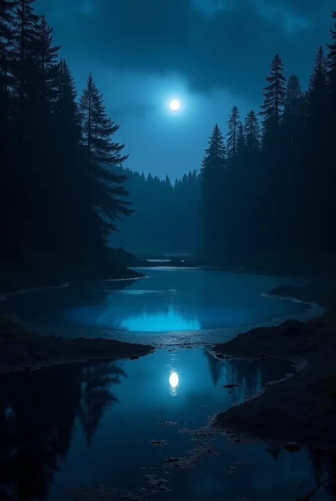 A dark night forest with a flat landscape in the middle of which there is a clear almost round lake that glows with dim blue-blue light, the light from the Moon is almost invisible, dark forest, the lake glows with a dim blue-blue light 