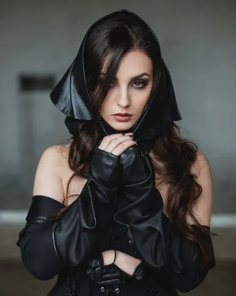 arafed woman in black leather gloves and a hood, wrapped in black, wearing a dark hood, woman in black robes, wearing in black cloak, wearing dark robe, wearing black clothes and cape, gothic girl dressed in black, wearing sith hood, gothic wearing hooded ...