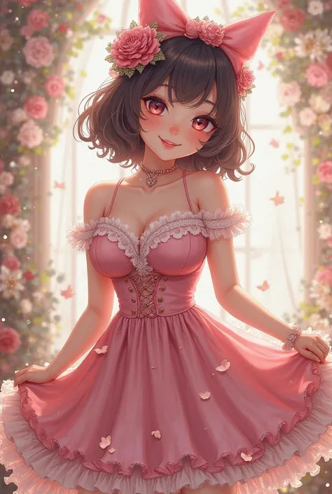 A cute anime girl with Lolita Rosita style with very big breasts and a low-cut dress