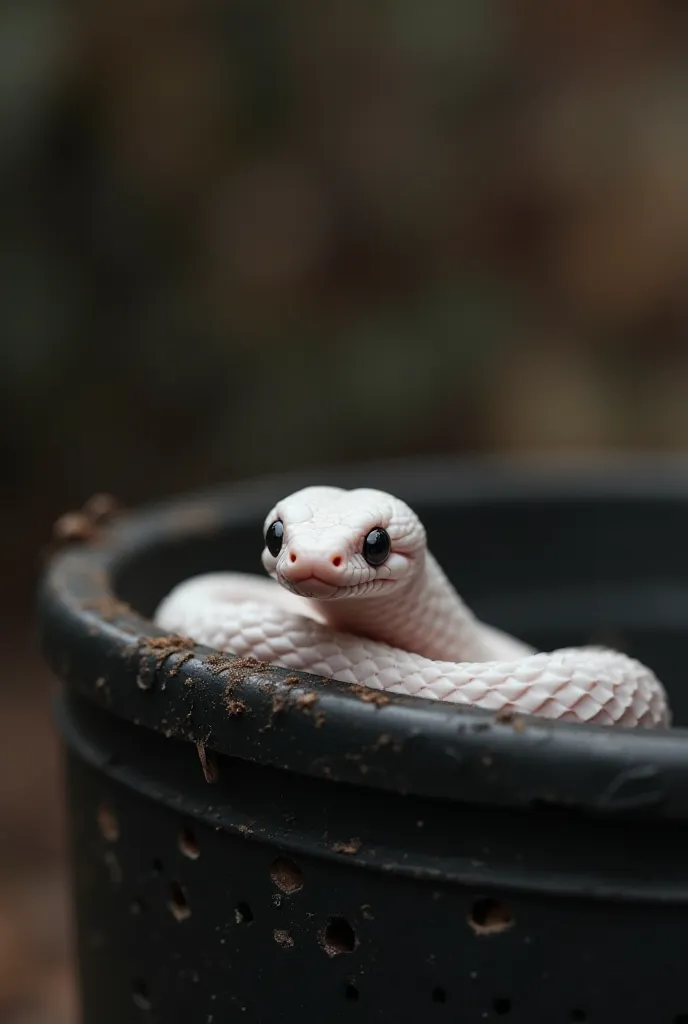 bathtub size image, with a small white snake with dark eyes that looks cute and a little bit tender but also intimidating, That only the snake in a black box with its lid on the side full of holes appears in the background 