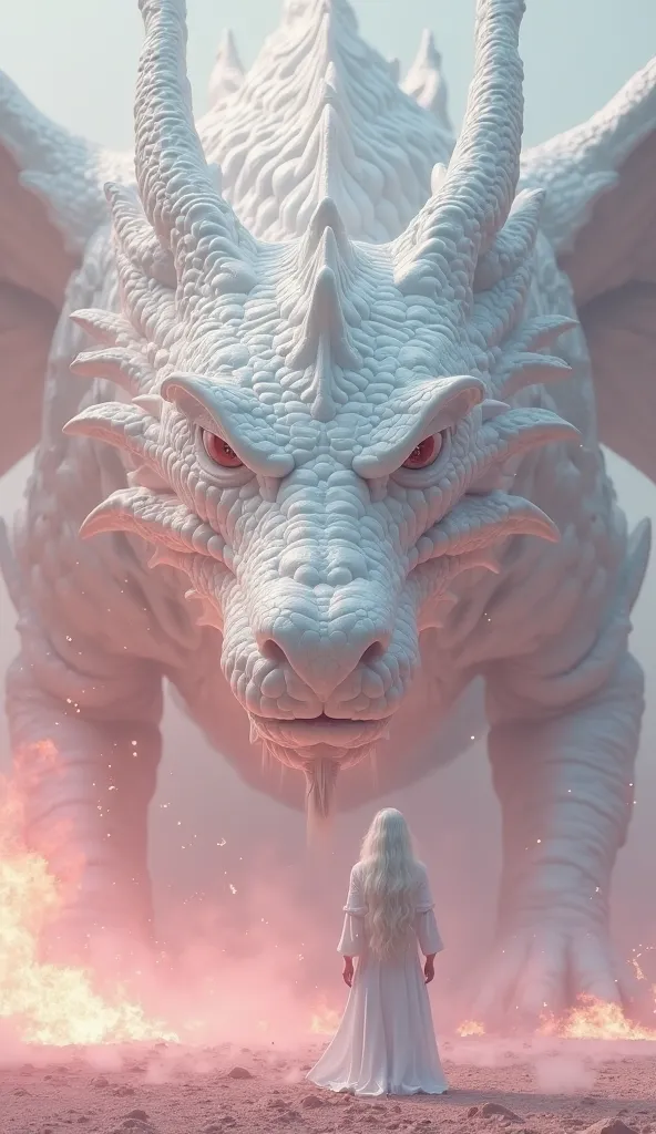 There is a beautiful woman with white hair standing in front of the face and body of a huge white dragon、dragons are pure white, have silver wings, and huge bodies、Dragons have huge faces、Wrapped in pink fire、The ground is burning pink、4K、 real 、The sense ...